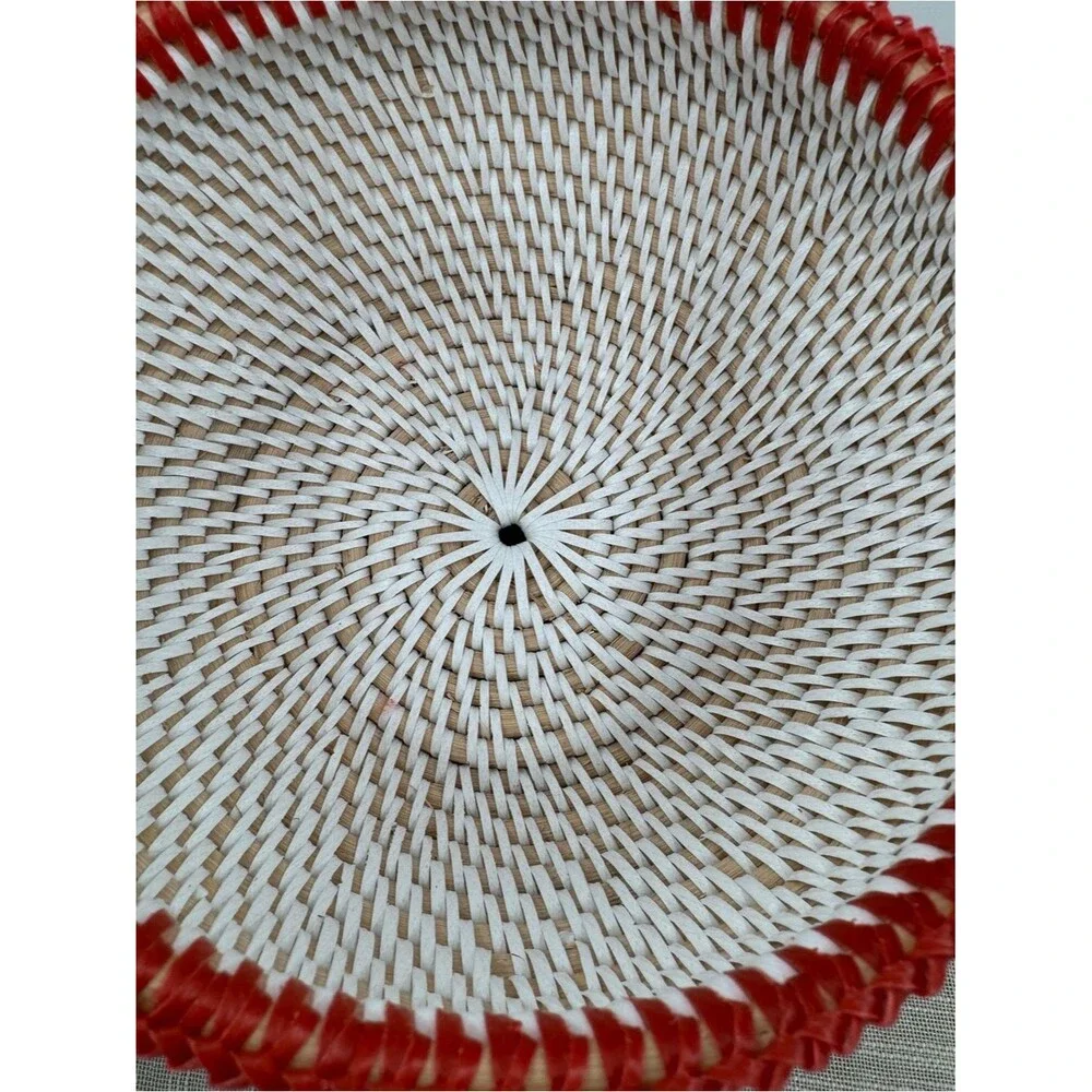 Vintage Woven Pedestal Basket Bowl Red Trim Boho Cottagecore Centerpiece Decor